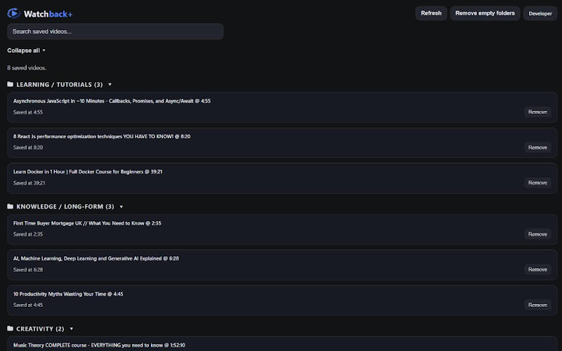 Screenshot of WatchBack+ Save & Resume YouTube Video Progress